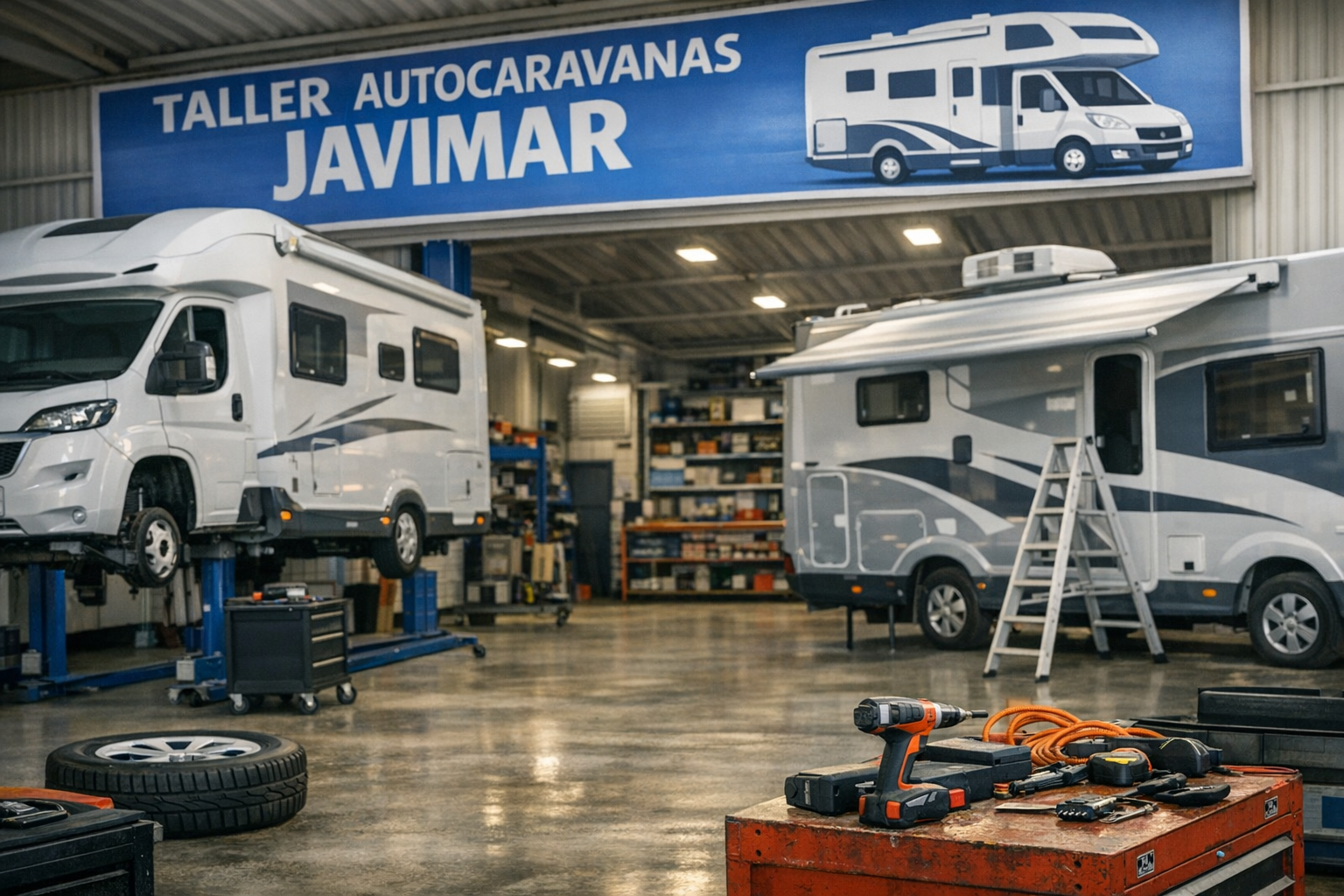 Taller de Autocaravanas Javimar con dos autocaravanas en reparación