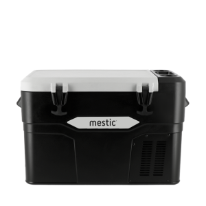 Nevera portátil de compresión Mestic negra con tapa blanca, ideal para autocaravanas y viajes