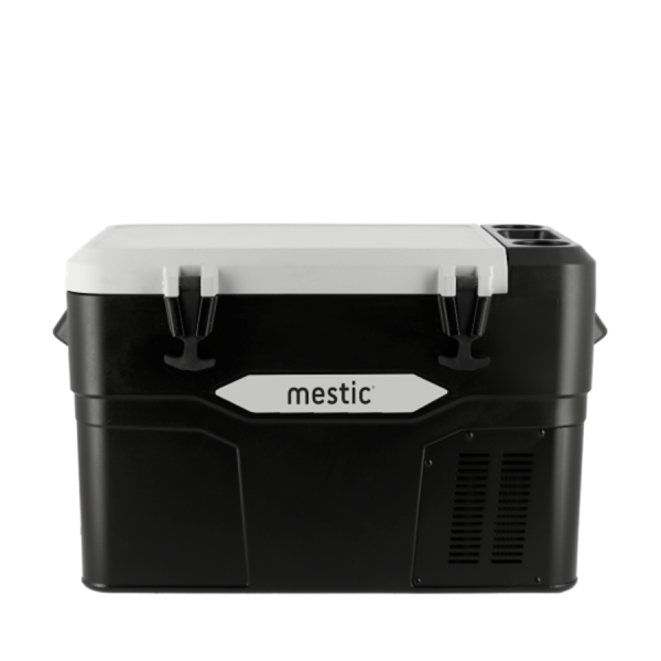Nevera portátil de compresión Mestic negra con tapa blanca, ideal para autocaravanas y viajes